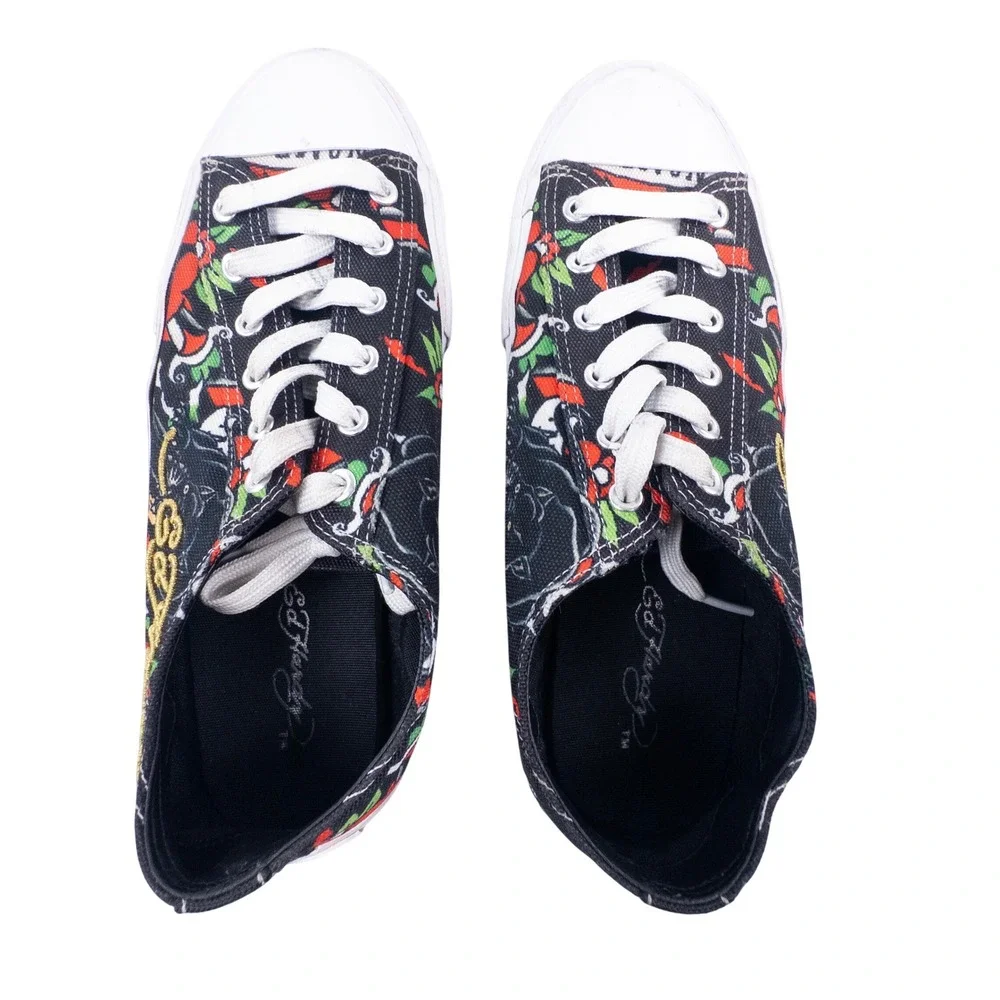 Y2K Ed Hardy Mens Tattoo Flash Graphic Print Canvas Low-Top Sneakers Black Sz 9